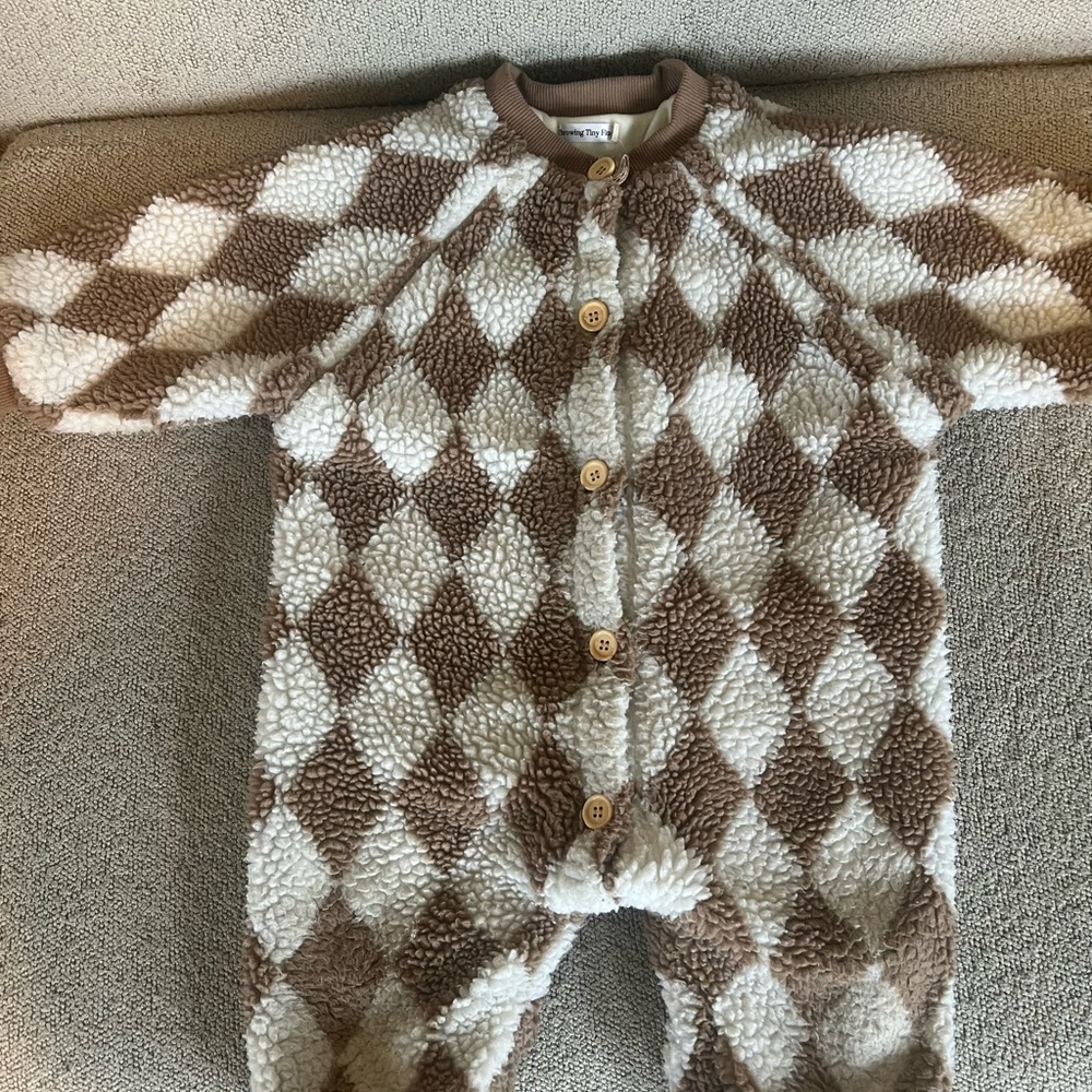 Throwing Tiny Fits Snowsuit Sherpa Argyle baby Onesie 12-18 months